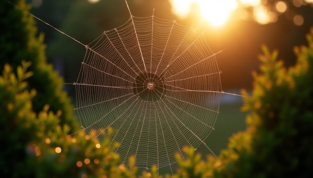 Circular orb spider web covered in dew strung between garden shrubs at sunrise