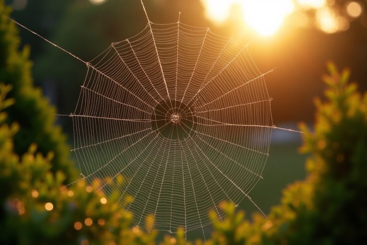 Circular orb spider web covered in dew strung between garden shrubs at sunrise