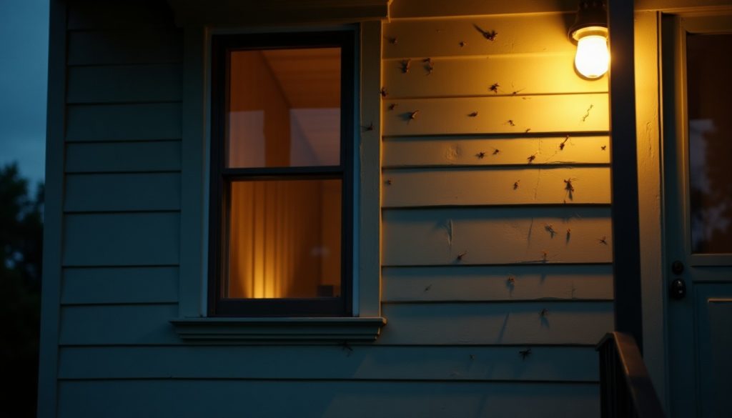 Porch light and lit window on the side of a house at dusk with insects gathering around the light