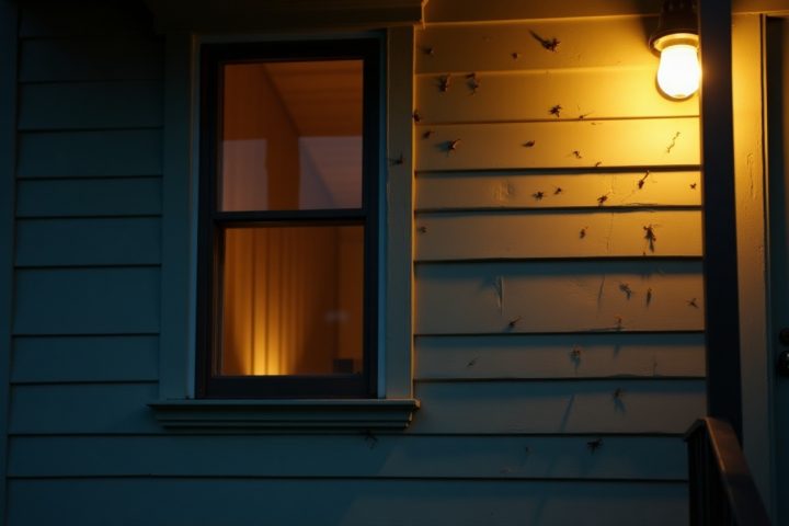 Porch light and lit window on the side of a house at dusk with insects gathering around the light