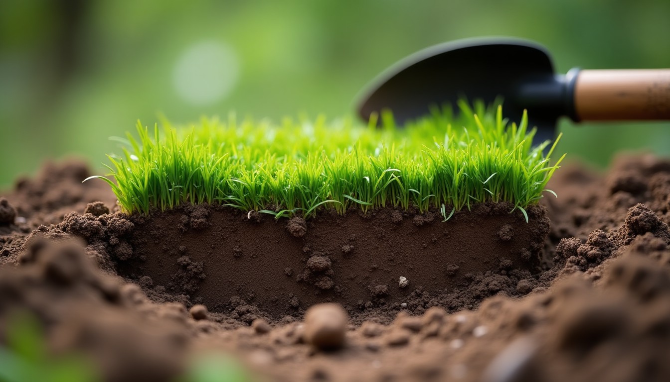 Square of turf lifted back from the soil showing pale roots and bare earth underneath