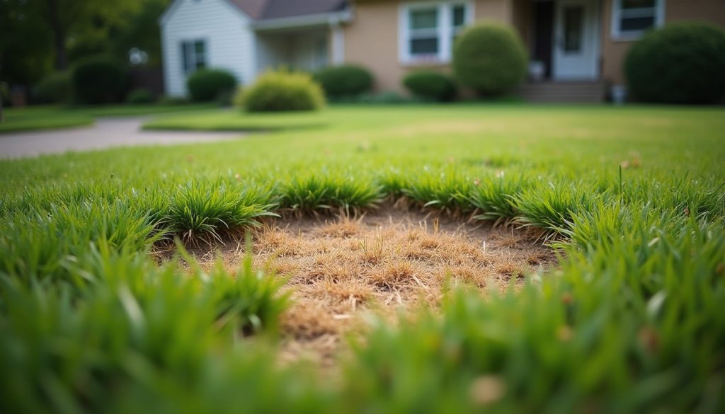 Suburban front lawn with an irregular brown patch of dead grass spreading across green turf