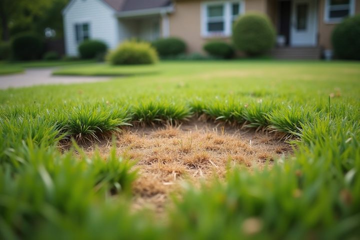 Suburban front lawn with an irregular brown patch of dead grass spreading across green turf
