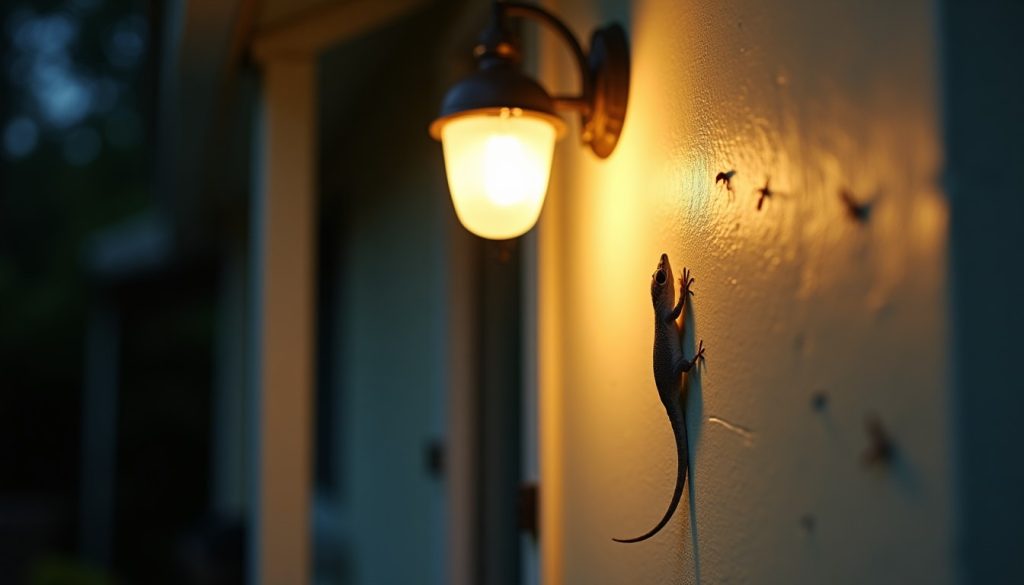 Gecko on an exterior wall beside a porch light at dusk where moths gather