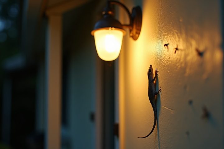 Gecko on an exterior wall beside a porch light at dusk where moths gather