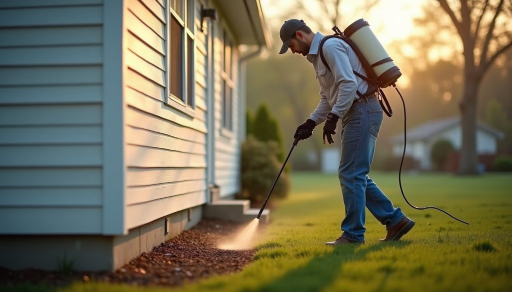 Pest control technician treating along the exterior foundation of a suburban house on a routine visit