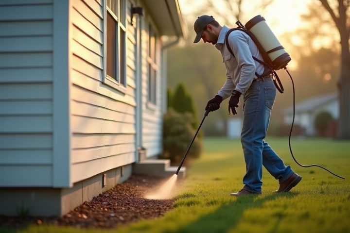 Pest control technician treating along the exterior foundation of a suburban house on a routine visit