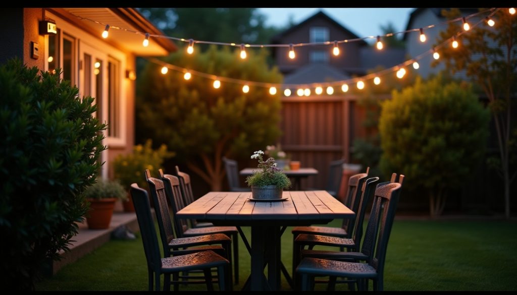 A set garden table under string lights at dusk, the setting for event mosquito treatment