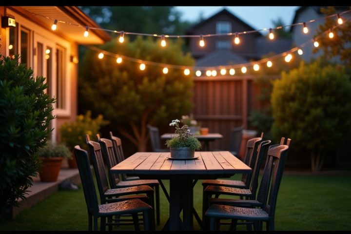 A set garden table under string lights at dusk, the setting for event mosquito treatment