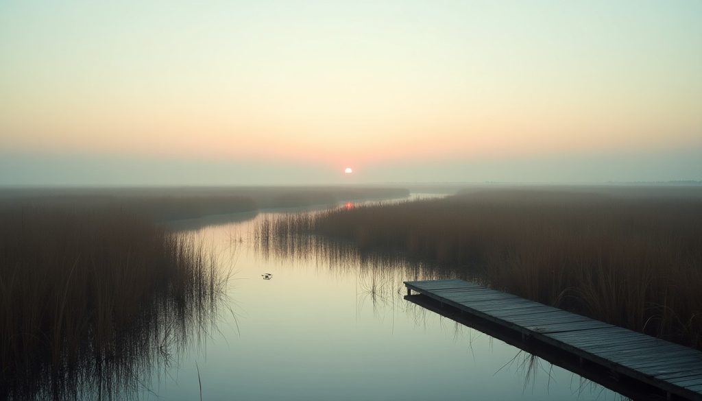 Coastal wetland with standing water, reeds and a boardwalk at dawn