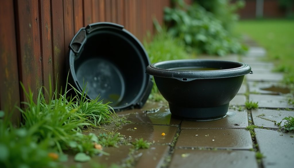 Plastic buckets and a tub left beside a garden fence holding standing rainwater