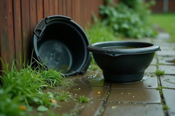 Plastic buckets and a tub left beside a garden fence holding standing rainwater