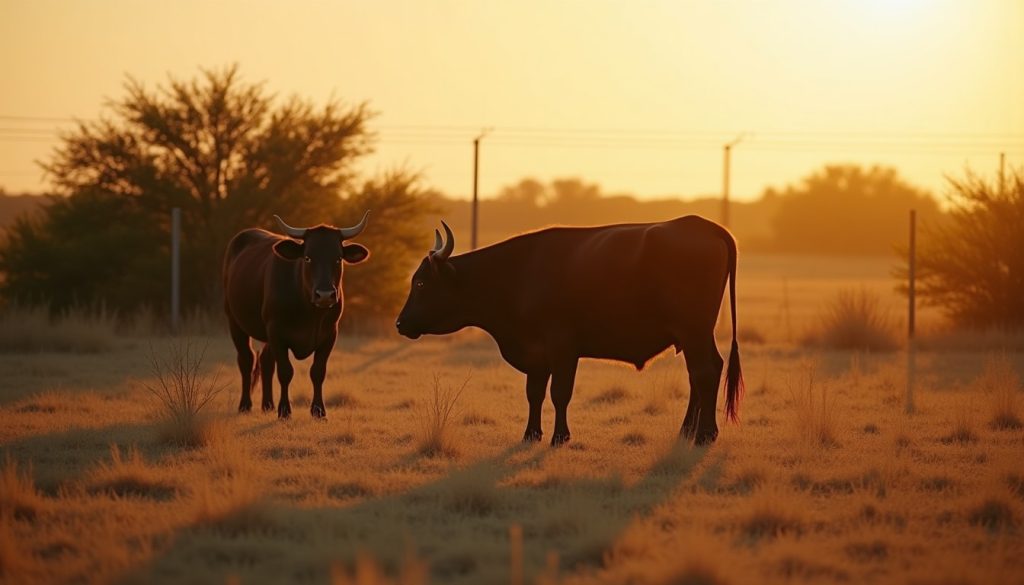 Cattle grazing in a dry south Texas pasture at golden hour