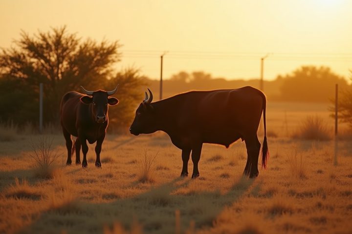 Cattle grazing in a dry south Texas pasture at golden hour