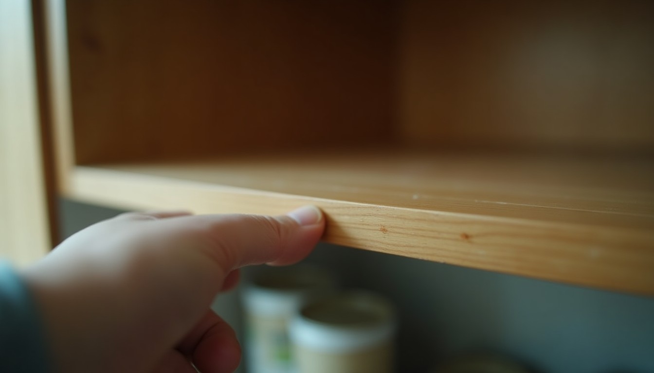 A hand checking the inside corner of a kitchen cupboard shelf where two surfaces meet