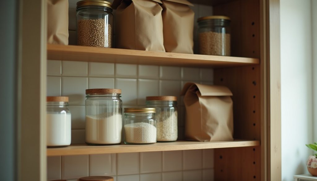Open kitchen cupboard with plain glass jars and paper bags of dry goods on the shelves