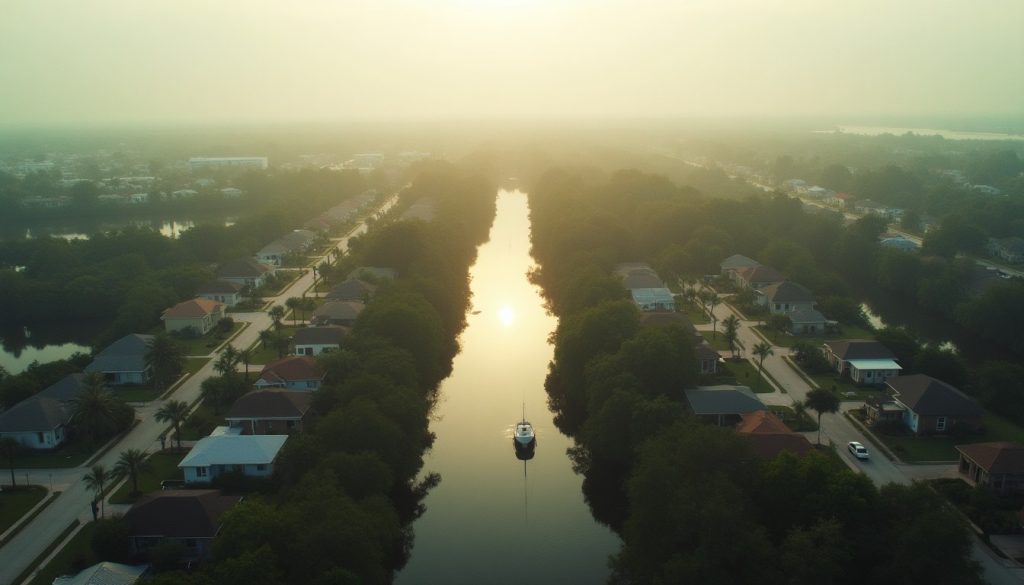 Aerial view of a Florida suburb with canals and rooftops, a state with many of the densest pest control markets