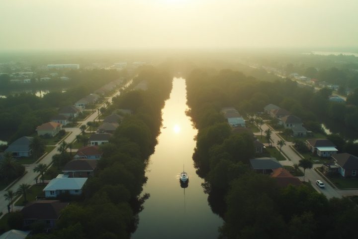 Aerial view of a Florida suburb with canals and rooftops, a state with many of the densest pest control markets