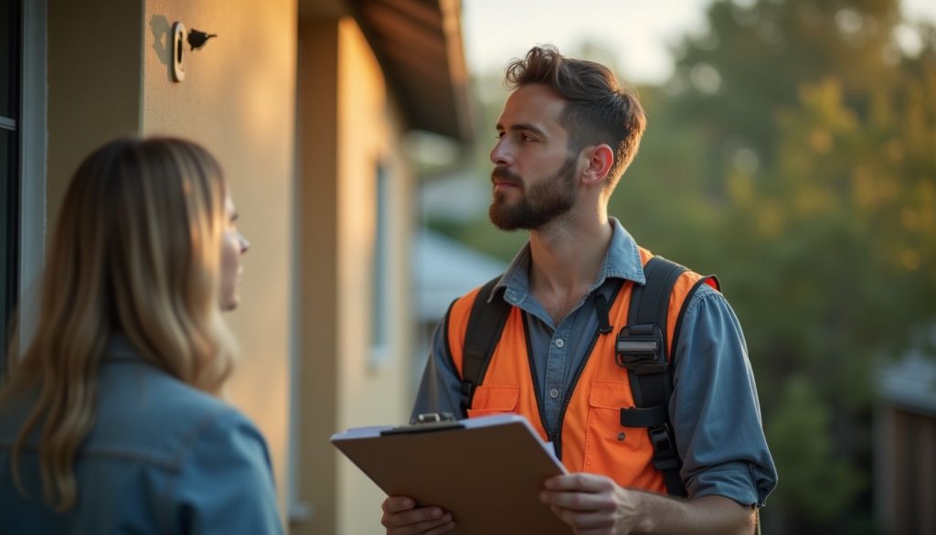 A pest control technician greeting a homeowner at the door on a repeat service visit