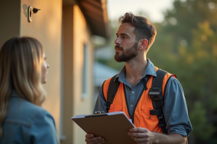 A pest control technician greeting a homeowner at the door on a repeat service visit