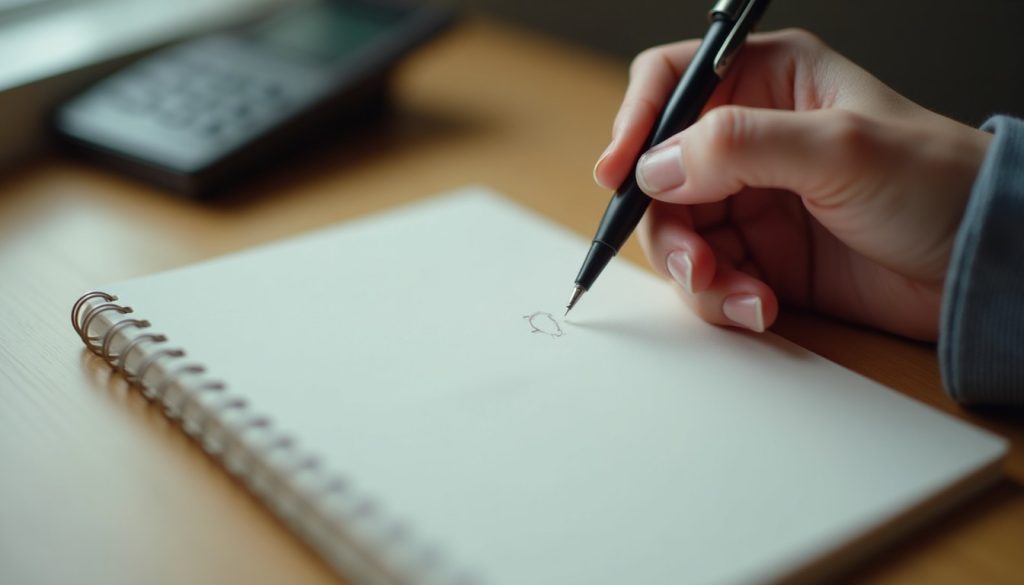 A hand holding a pen over a blank notepad on a kitchen counter while negotiating a pest control quote