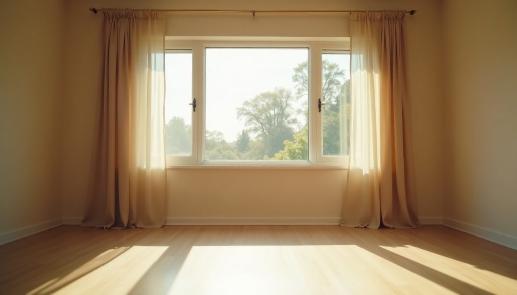 Empty sunlit living room with open windows ventilating after a pest control treatment