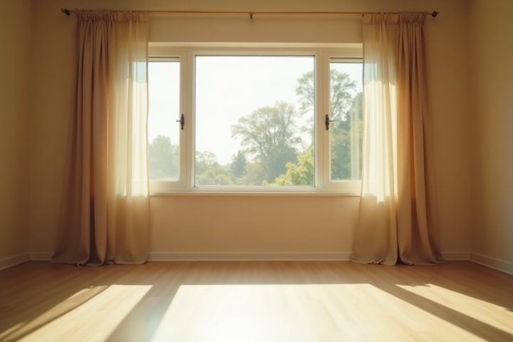 Empty sunlit living room with open windows ventilating after a pest control treatment