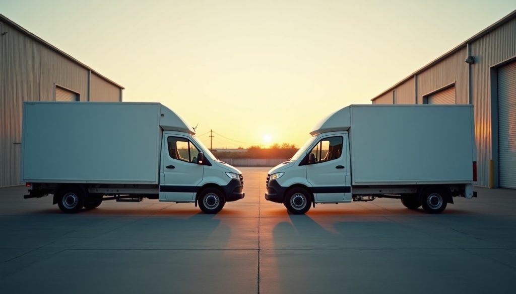 Two unmarked white service vans facing each other in a depot yard at dawn, representing the franchise choice