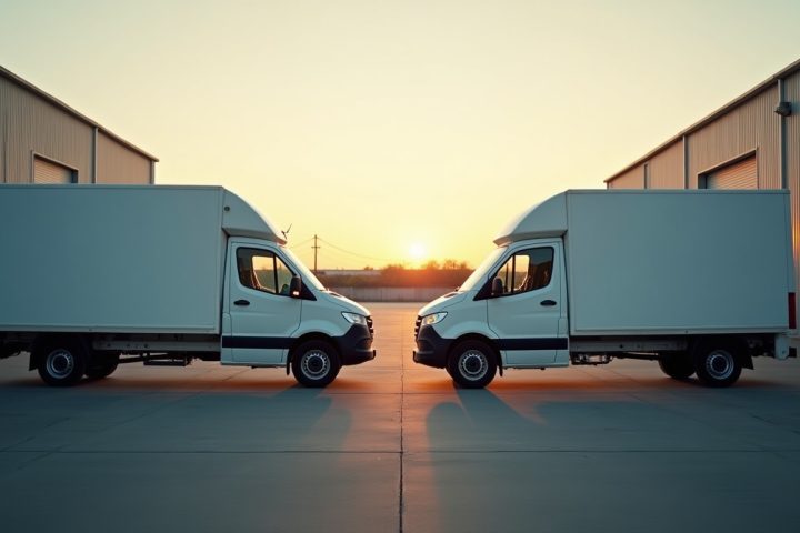 Two unmarked white service vans facing each other in a depot yard at dawn, representing the franchise choice