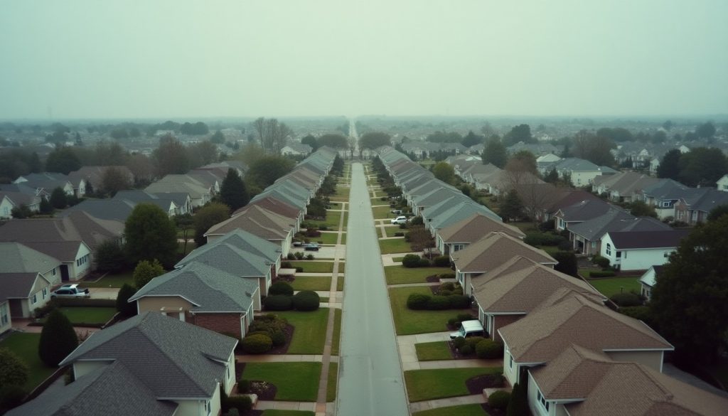 Aerial view of an American suburban street showing many rooftops, the housing stock the industry serves
