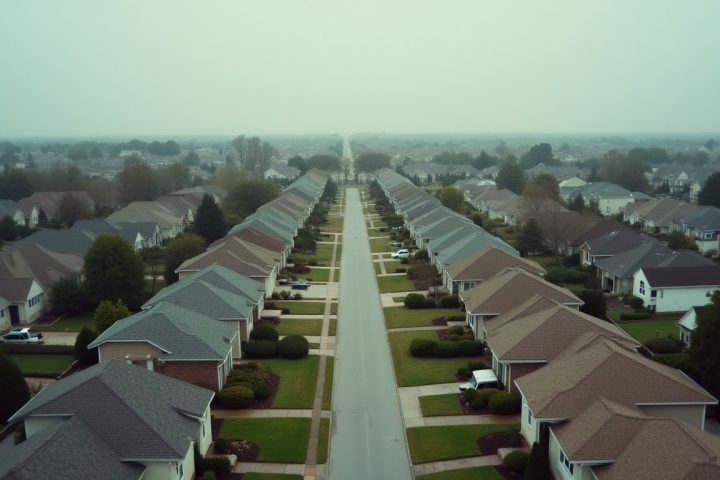Aerial view of an American suburban street showing many rooftops, the housing stock the industry serves