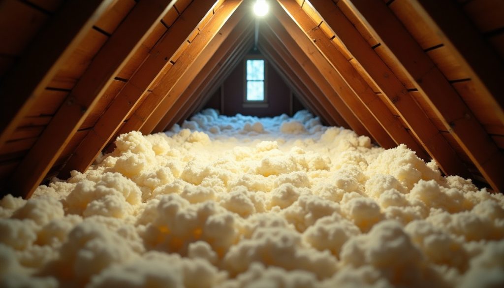 Attic space with fresh blown-in loose fill insulation covering the joists between roof timbers