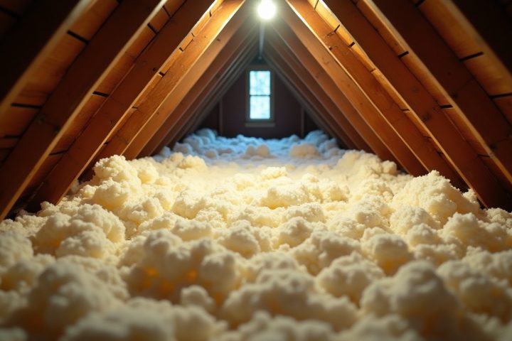 Attic space with fresh blown-in loose fill insulation covering the joists between roof timbers