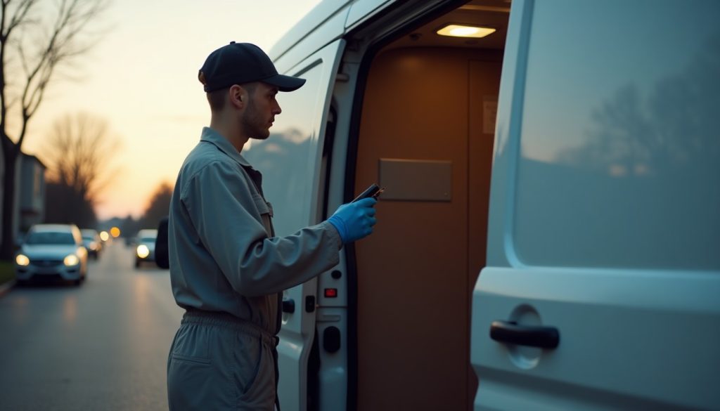 Young pest control technician closing the doors of a service van at the start of a working day
