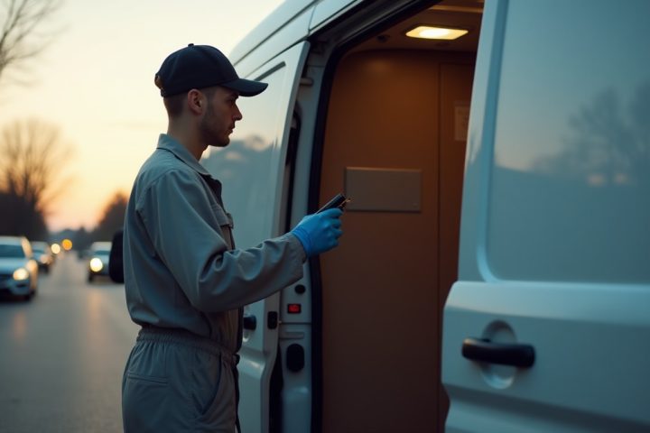 Young pest control technician closing the doors of a service van at the start of a working day