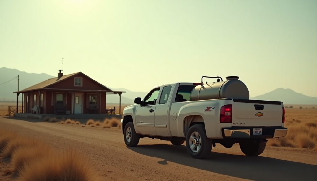 Owner-operator pickup truck with a spray tank parked at a ranch house in the Mountain West