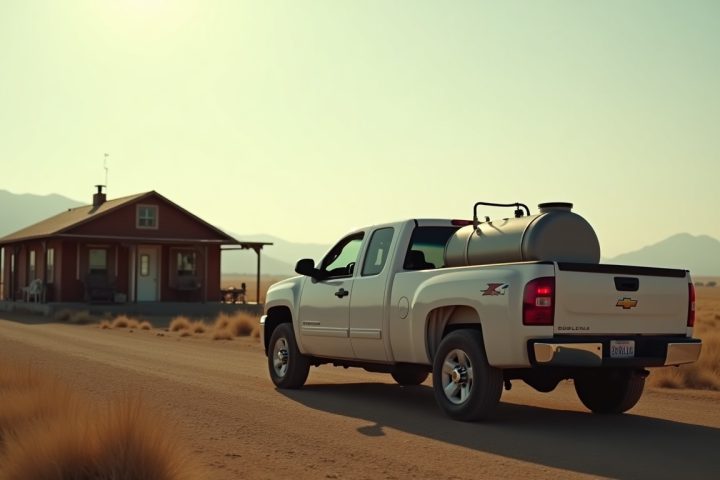 Owner-operator pickup truck with a spray tank parked at a ranch house in the Mountain West