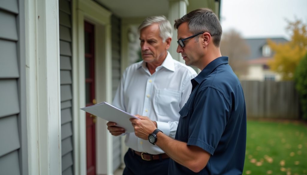 A pest control technician and homeowner reviewing an inspection clipboard at the side of a house