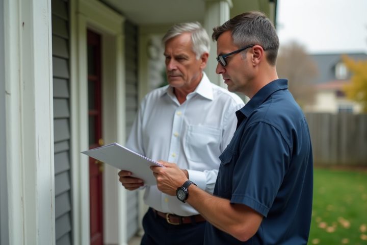 A pest control technician and homeowner reviewing an inspection clipboard at the side of a house