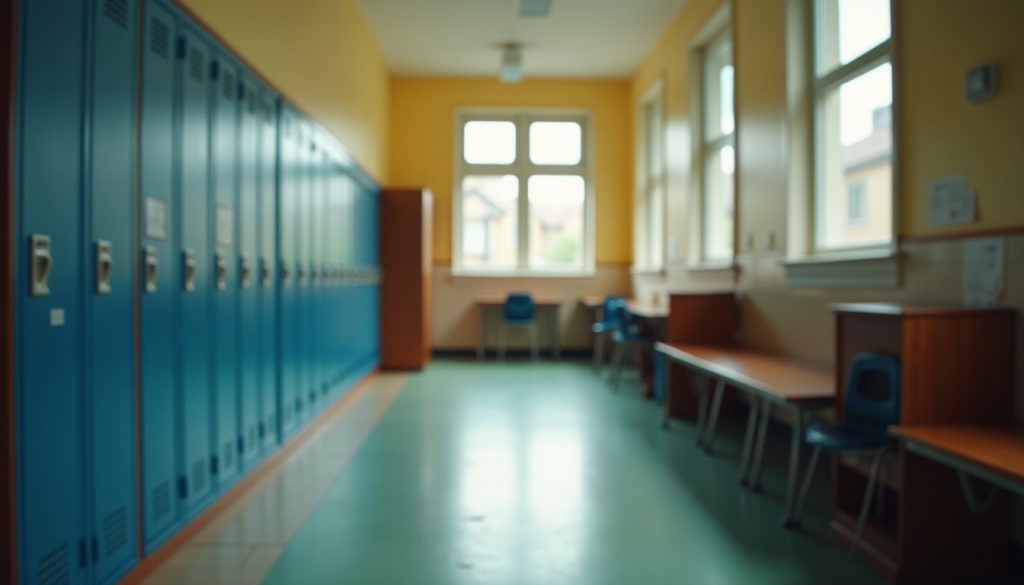 An empty school corridor with lockers and classroom doors, the setting with the strictest pest control rules