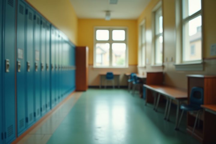 An empty school corridor with lockers and classroom doors, the setting with the strictest pest control rules