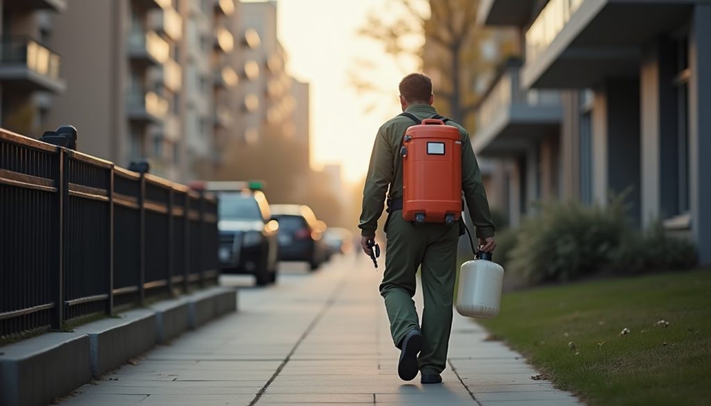 Pest control technician in work clothes walking past city apartment buildings with a hand sprayer