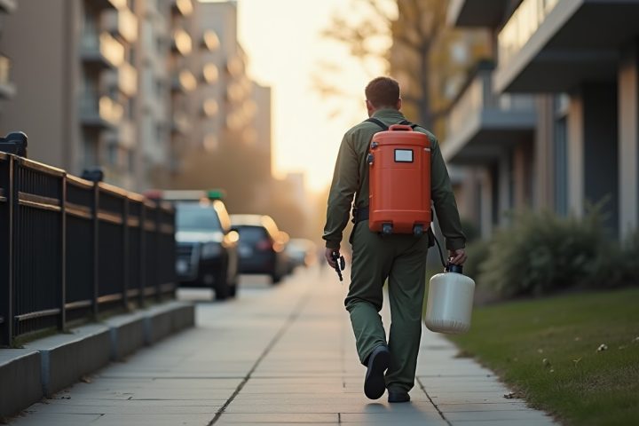 Pest control technician in work clothes walking past city apartment buildings with a hand sprayer