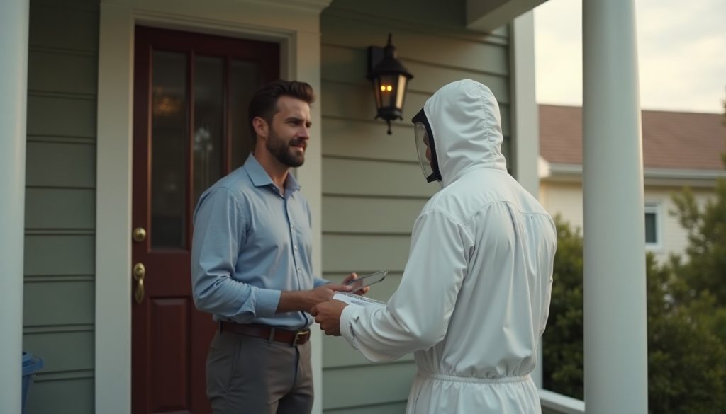 Pest control technician speaking with a homeowner at a front door during a single one-time visit