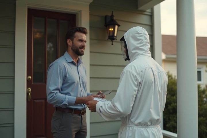 Pest control technician speaking with a homeowner at a front door during a single one-time visit