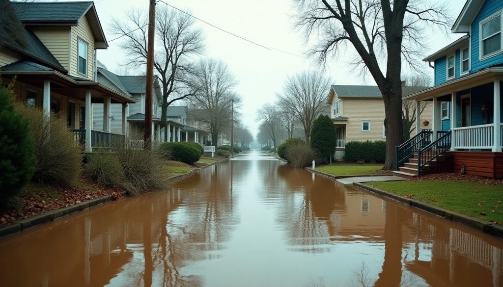 Brown floodwater covering a residential street and front yards after a storm