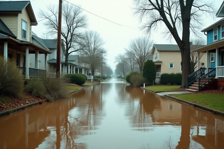 Brown floodwater covering a residential street and front yards after a storm