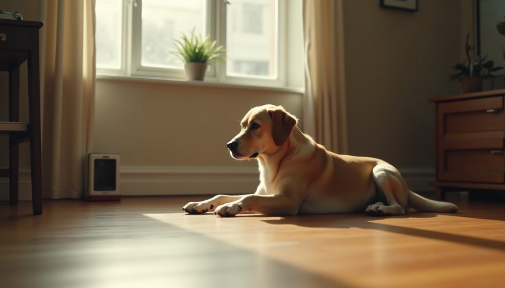 A dog resting on a sunlit living room floor near an enclosed bait station at the skirting board