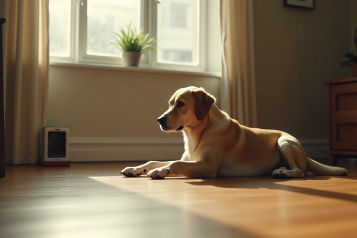 A dog resting on a sunlit living room floor near an enclosed bait station at the skirting board