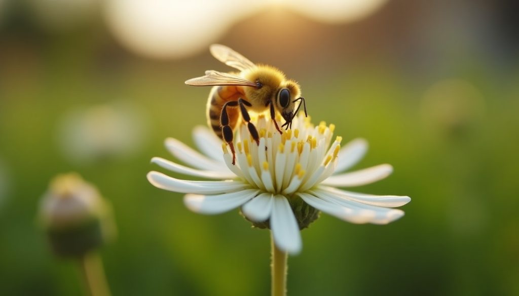 A honey bee foraging on a white clover flower in a mown suburban lawn